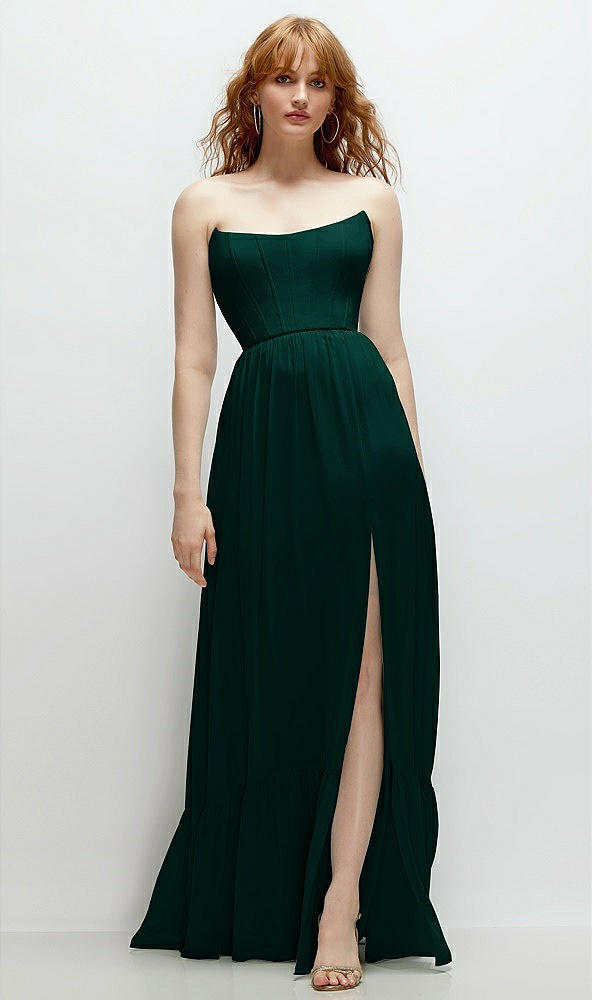 Front View - Evergreen Strapless Cat-Eye Corset Maxi Dress with Ruffle Hem A-Line Skirt