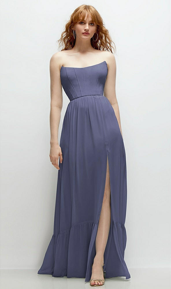 Front View - French Blue Strapless Cat-Eye Corset Maxi Dress with Ruffle Hem A-Line Skirt