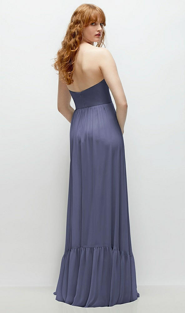 Back View - French Blue Strapless Cat-Eye Corset Maxi Dress with Ruffle Hem A-Line Skirt