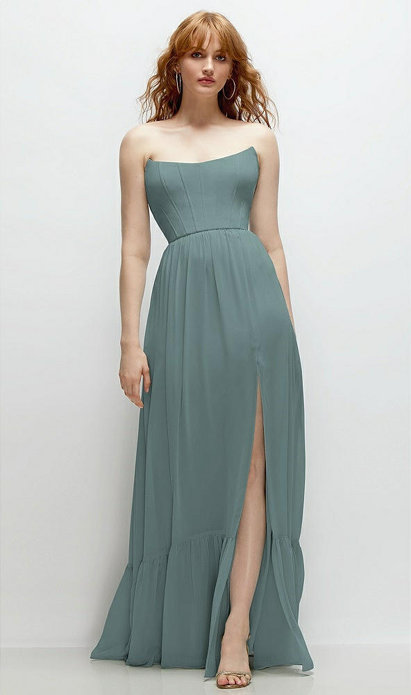 Front View - Icelandic Strapless Cat-Eye Corset Maxi Dress with Ruffle Hem A-Line Skirt