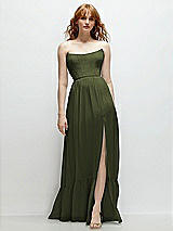 Front View Thumbnail - Olive Green Strapless Cat-Eye Corset Maxi Dress with Ruffle Hem A-Line Skirt