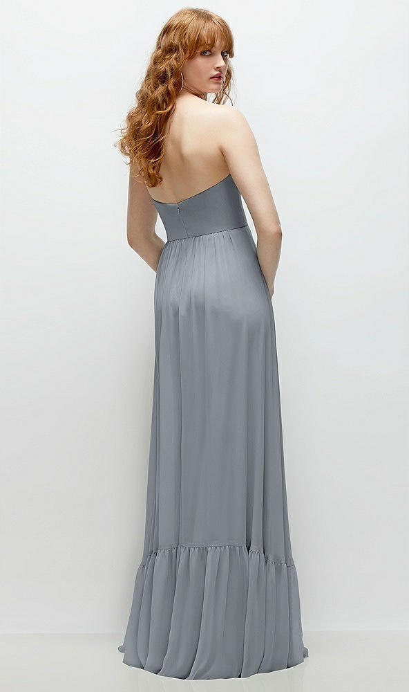 Back View - Platinum Strapless Cat-Eye Corset Maxi Dress with Ruffle Hem A-Line Skirt