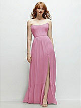 Front View Thumbnail - Powder Pink Strapless Cat-Eye Corset Maxi Dress with Ruffle Hem A-Line Skirt