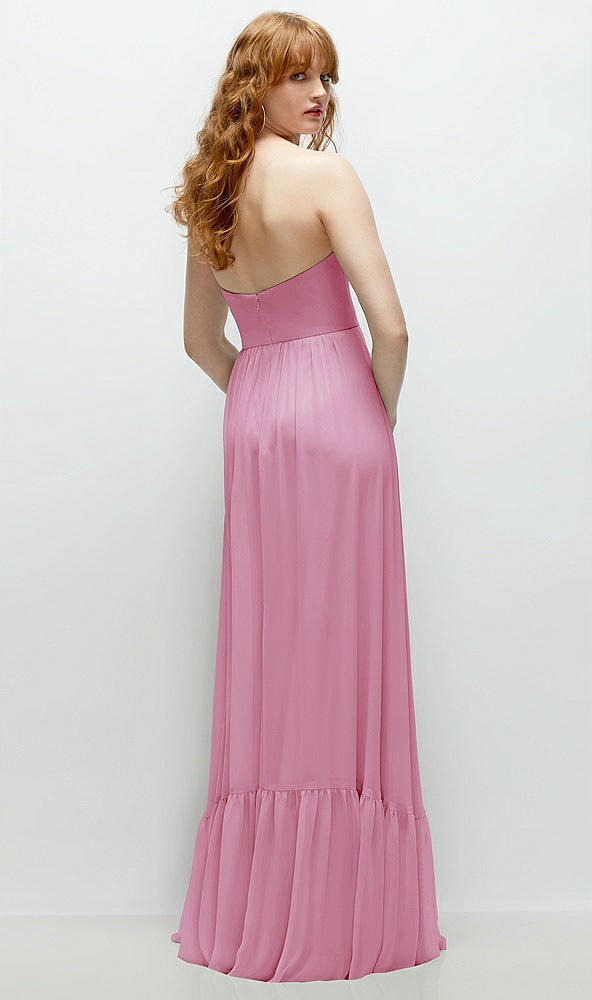 Back View - Powder Pink Strapless Cat-Eye Corset Maxi Dress with Ruffle Hem A-Line Skirt