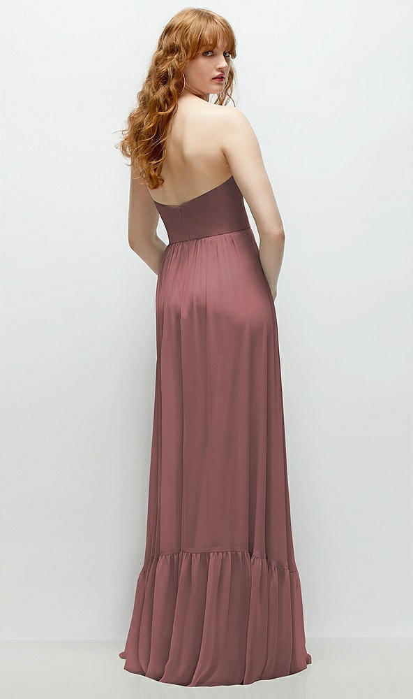 Back View - Rosewood Strapless Cat-Eye Corset Maxi Dress with Ruffle Hem A-Line Skirt