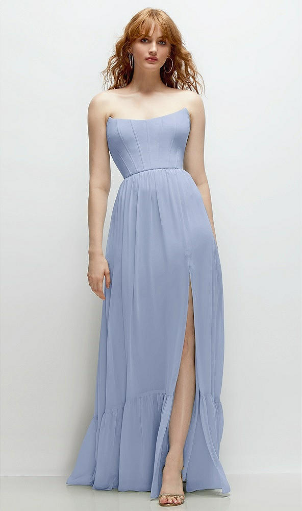 Front View - Sky Blue Strapless Cat-Eye Corset Maxi Dress with Ruffle Hem A-Line Skirt