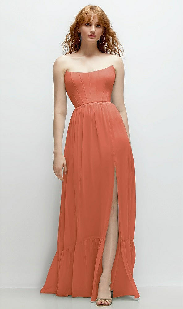 Front View - Terracotta Copper Strapless Cat-Eye Corset Maxi Dress with Ruffle Hem A-Line Skirt