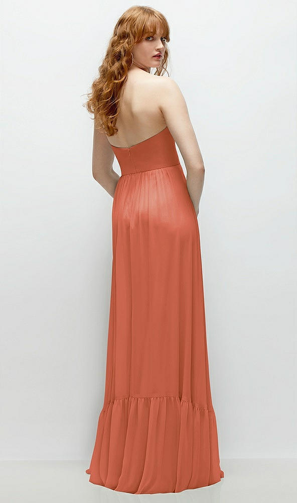 Back View - Terracotta Copper Strapless Cat-Eye Corset Maxi Dress with Ruffle Hem A-Line Skirt