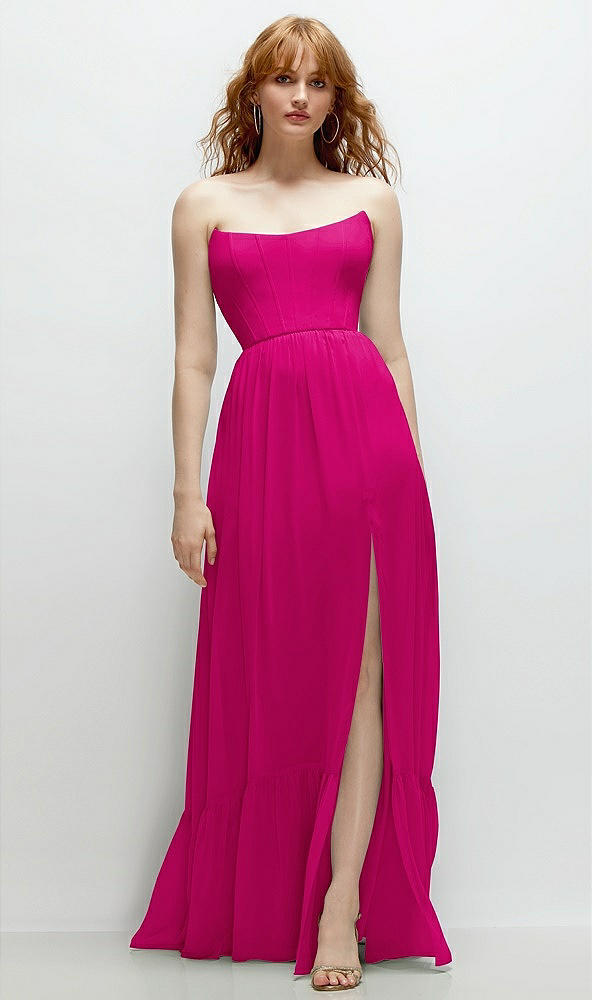 Front View - Think Pink Strapless Cat-Eye Corset Maxi Dress with Ruffle Hem A-Line Skirt