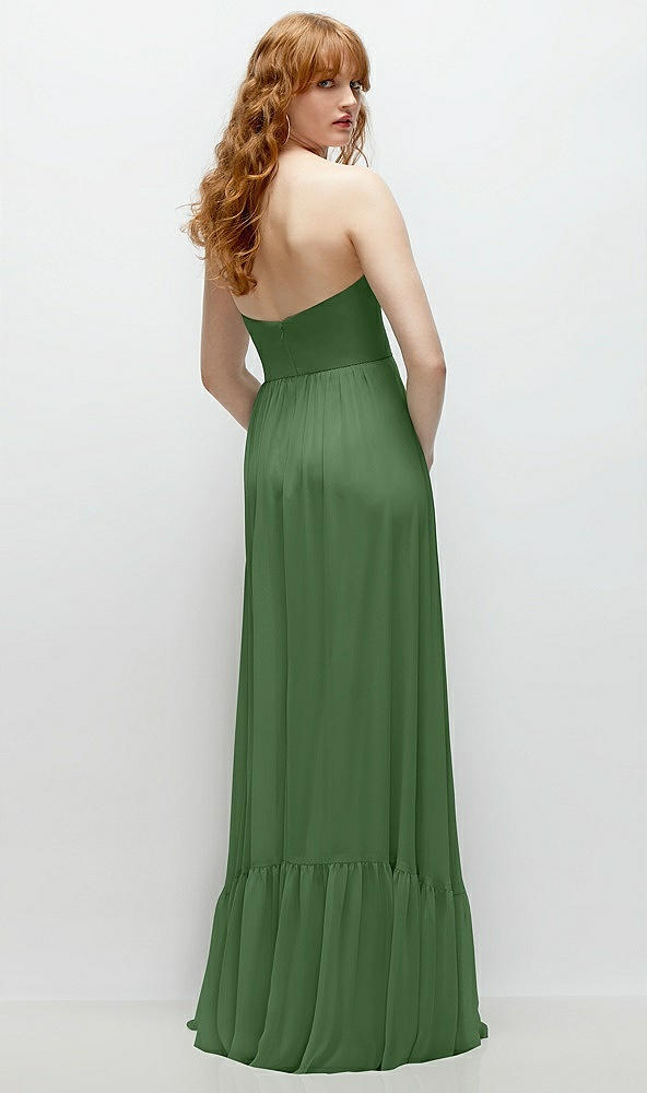 Back View - Vineyard Green Strapless Cat-Eye Corset Maxi Dress with Ruffle Hem A-Line Skirt