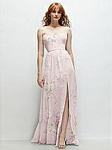 Front View Thumbnail - Watercolor Print Strapless Cat-Eye Corset Maxi Dress with Ruffle Hem A-Line Skirt