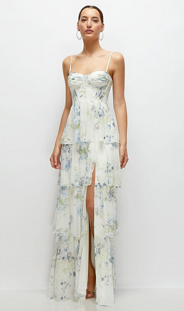 Front View - Bleu Garden Bustier-Style Chiffon Tiered Ruffle Maxi Dress with Adjustable Straps