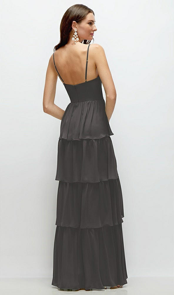 Back View - Caviar Gray Bustier-Style Chiffon Tiered Ruffle Maxi Dress with Adjustable Straps