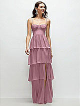 Front View Thumbnail - Dusty Pink Bustier-Style Chiffon Tiered Ruffle Maxi Dress with Adjustable Straps