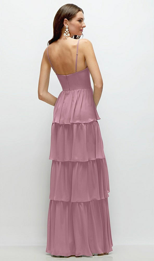 Back View - Dusty Pink Bustier-Style Chiffon Tiered Ruffle Maxi Dress with Adjustable Straps