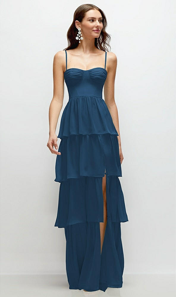 Front View - Dusk Blue Bustier-Style Chiffon Tiered Ruffle Maxi Dress with Adjustable Straps