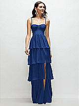 Front View Thumbnail - Classic Blue Bustier-Style Chiffon Tiered Ruffle Maxi Dress with Adjustable Straps