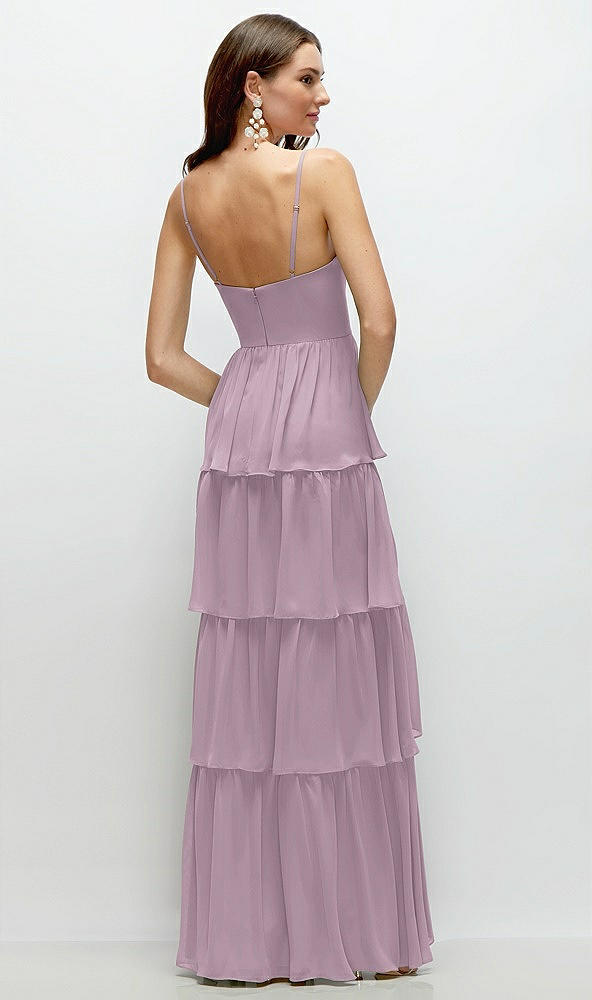 Back View - Suede Rose Bustier-Style Chiffon Tiered Ruffle Maxi Dress with Adjustable Straps