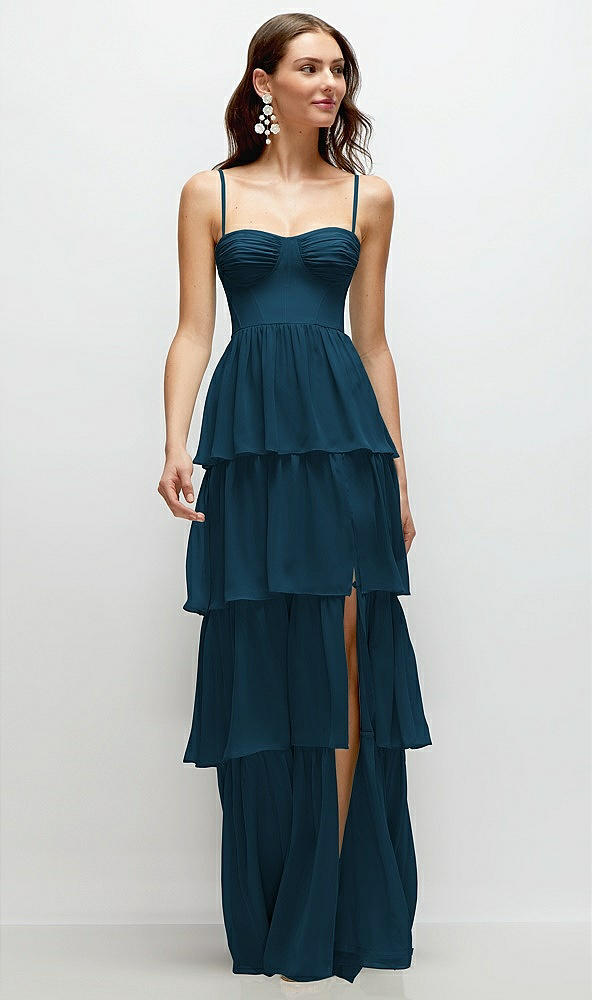 Front View - Atlantic Blue Bustier-Style Chiffon Tiered Ruffle Maxi Dress with Adjustable Straps