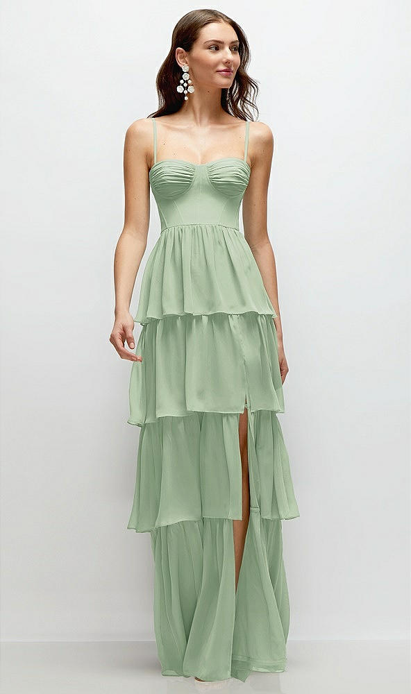 Front View - Celadon Bustier-Style Chiffon Tiered Ruffle Maxi Dress with Adjustable Straps