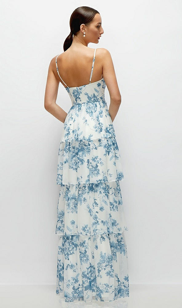 Back View - Cottage Rose Dusk Blue Bustier-Style Chiffon Tiered Ruffle Maxi Dress with Adjustable Straps