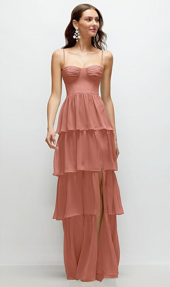 Front View - Desert Rose Bustier-Style Chiffon Tiered Ruffle Maxi Dress with Adjustable Straps