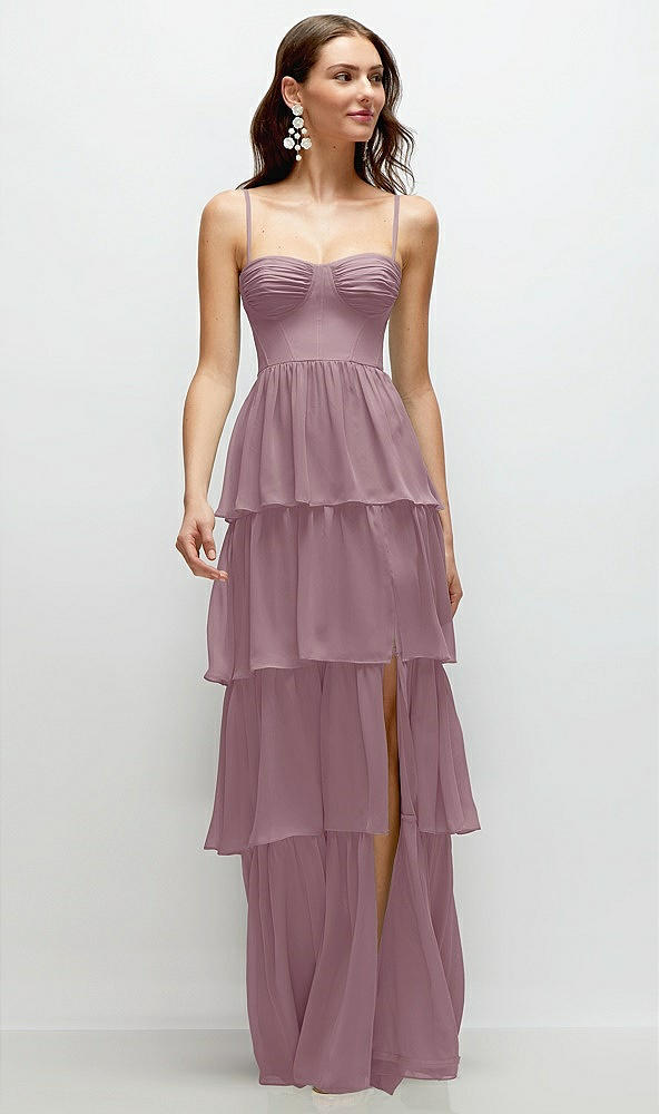 Front View - Dusty Rose Bustier-Style Chiffon Tiered Ruffle Maxi Dress with Adjustable Straps