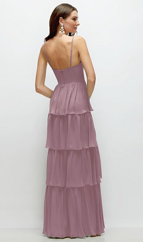 Back View - Dusty Rose Bustier-Style Chiffon Tiered Ruffle Maxi Dress with Adjustable Straps