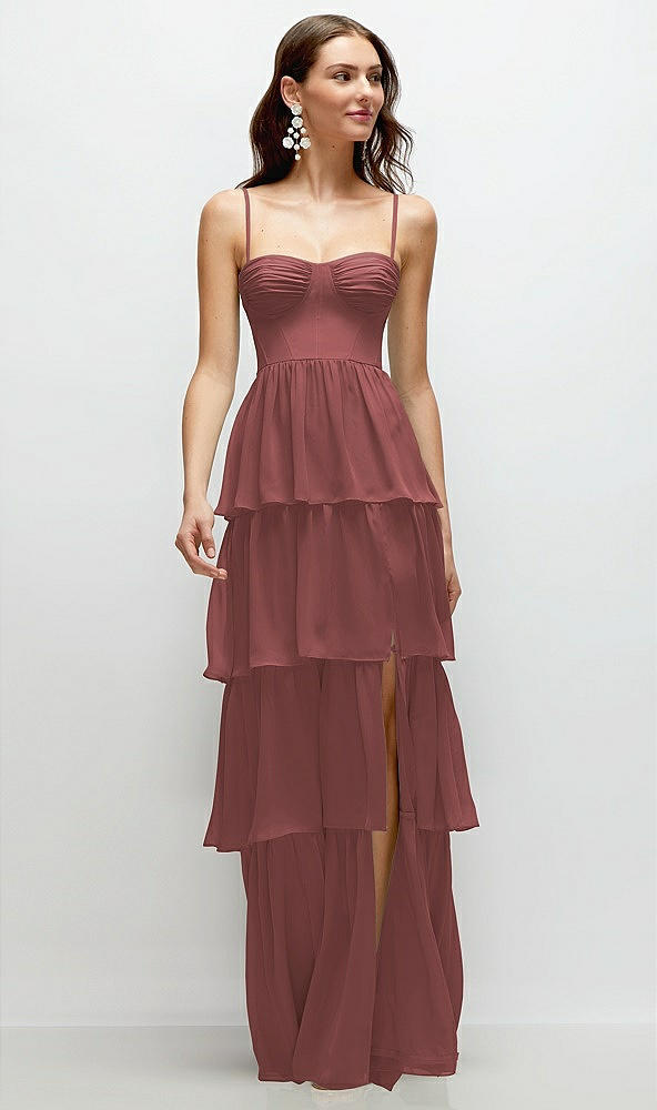 Front View - English Rose Bustier-Style Chiffon Tiered Ruffle Maxi Dress with Adjustable Straps