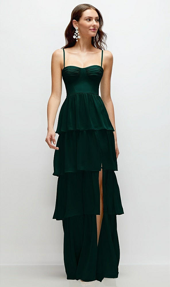 Front View - Evergreen Bustier-Style Chiffon Tiered Ruffle Maxi Dress with Adjustable Straps