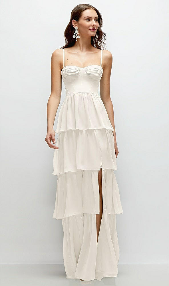 Front View - Ivory Bustier-Style Chiffon Tiered Ruffle Maxi Dress with Adjustable Straps