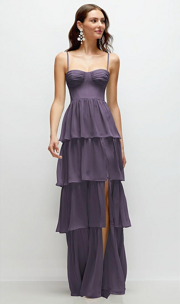 Front View - Lavender Bustier-Style Chiffon Tiered Ruffle Maxi Dress with Adjustable Straps