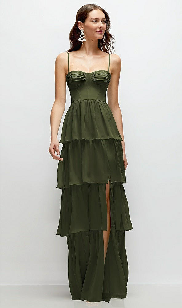 Front View - Olive Green Bustier-Style Chiffon Tiered Ruffle Maxi Dress with Adjustable Straps