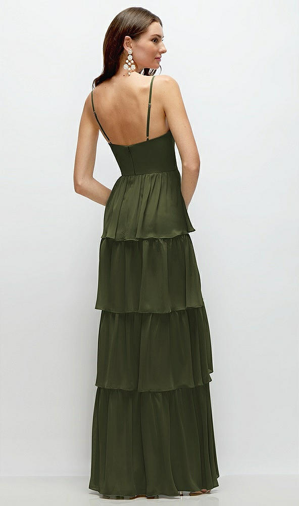 Back View - Olive Green Bustier-Style Chiffon Tiered Ruffle Maxi Dress with Adjustable Straps