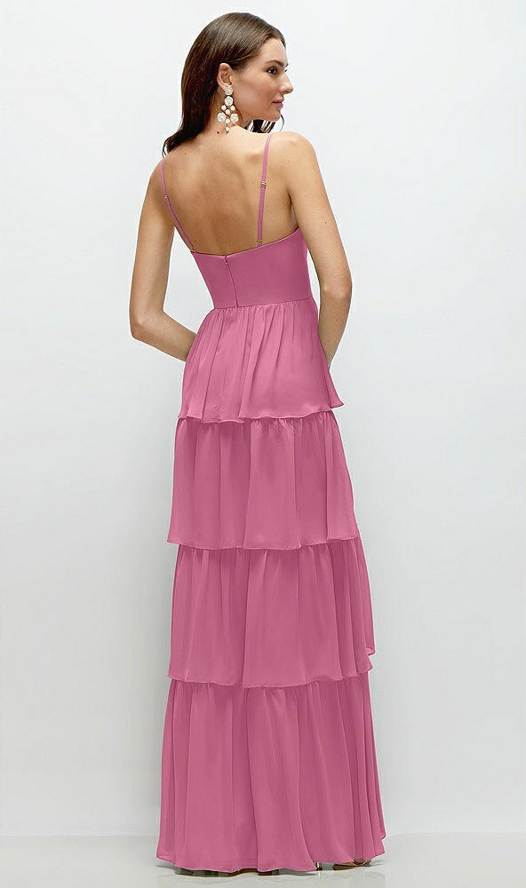 Back View - Orchid Pink Bustier-Style Chiffon Tiered Ruffle Maxi Dress with Adjustable Straps