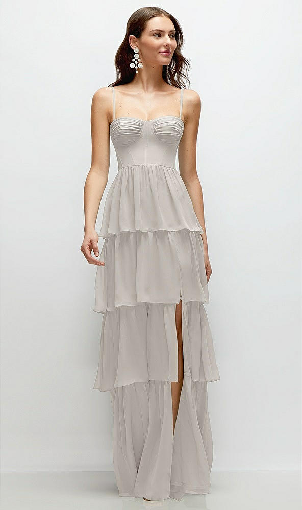 Front View - Oyster Bustier-Style Chiffon Tiered Ruffle Maxi Dress with Adjustable Straps