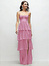 Front View Thumbnail - Powder Pink Bustier-Style Chiffon Tiered Ruffle Maxi Dress with Adjustable Straps