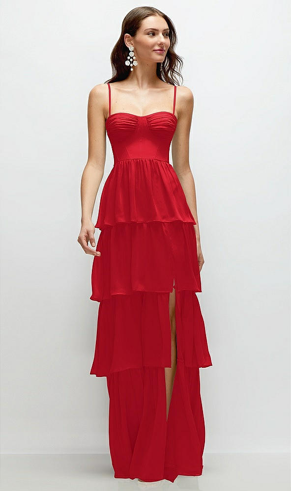 Front View - Parisian Red Bustier-Style Chiffon Tiered Ruffle Maxi Dress with Adjustable Straps