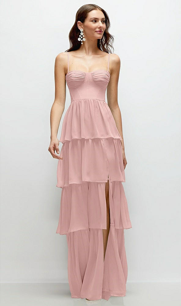 Front View - Rose - PANTONE Rose Quartz Bustier-Style Chiffon Tiered Ruffle Maxi Dress with Adjustable Straps