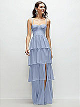 Front View Thumbnail - Sky Blue Bustier-Style Chiffon Tiered Ruffle Maxi Dress with Adjustable Straps