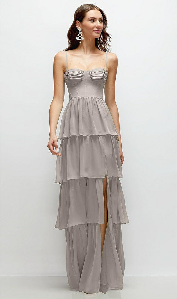 Front View - Taupe Bustier-Style Chiffon Tiered Ruffle Maxi Dress with Adjustable Straps