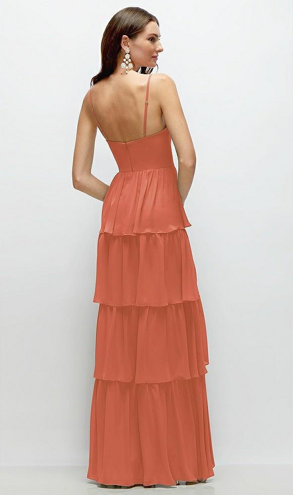 Back View - Terracotta Copper Bustier-Style Chiffon Tiered Ruffle Maxi Dress with Adjustable Straps