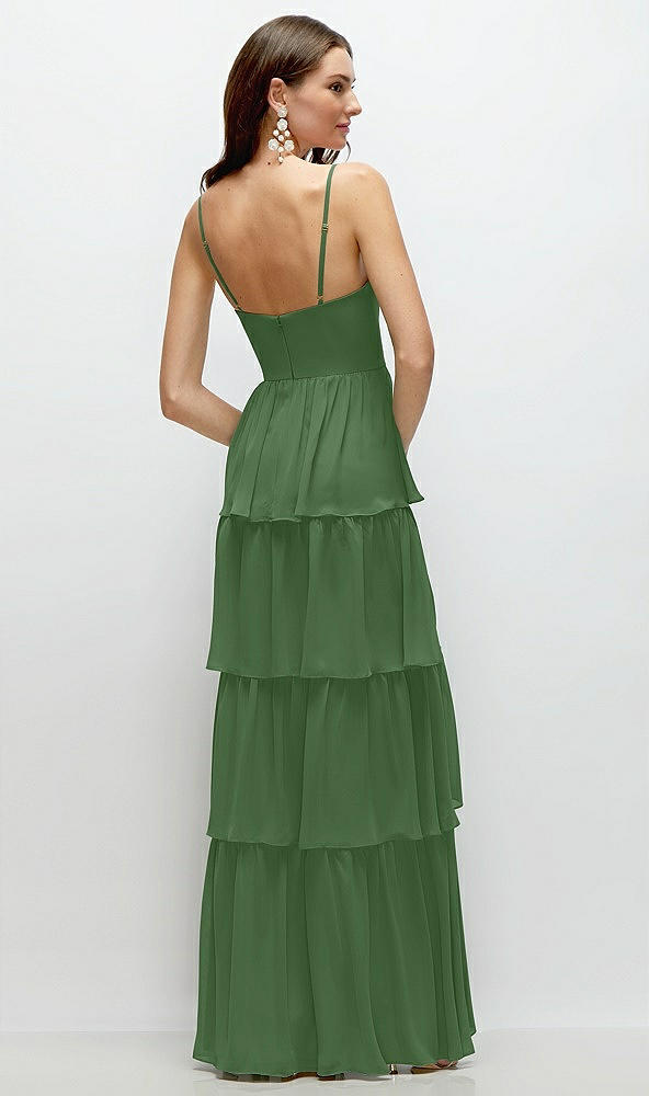 Back View - Vineyard Green Bustier-Style Chiffon Tiered Ruffle Maxi Dress with Adjustable Straps