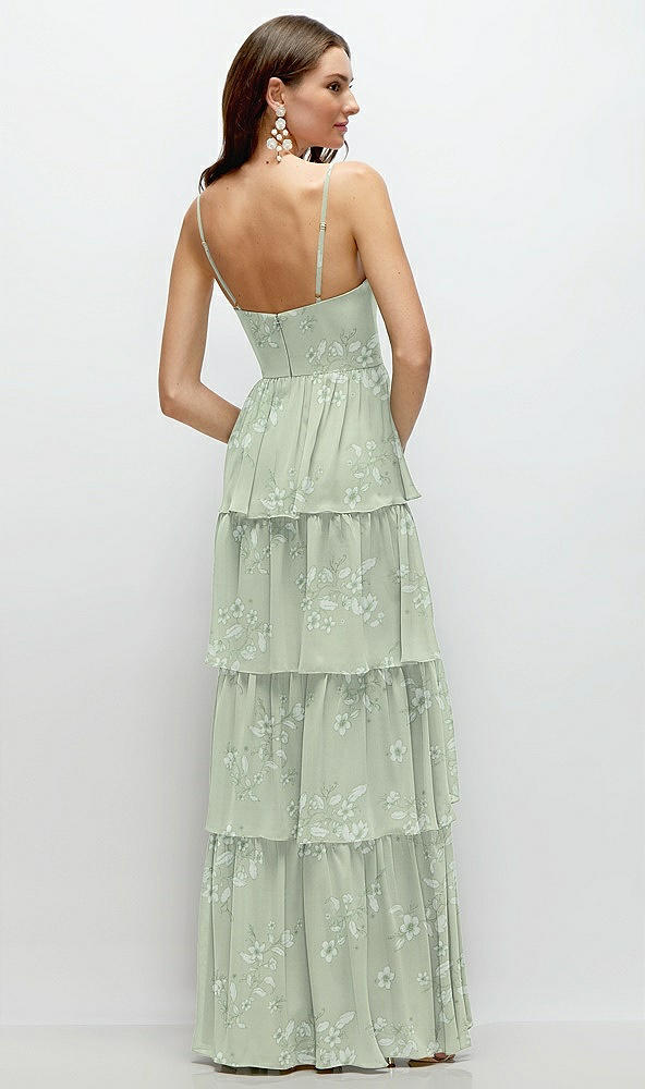 Back View - Vintage Primrose Sage Bustier-Style Chiffon Tiered Ruffle Maxi Dress with Adjustable Straps