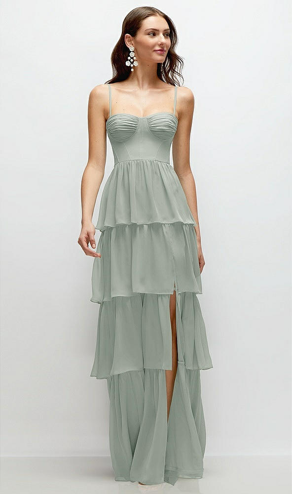 Front View - Willow Green Bustier-Style Chiffon Tiered Ruffle Maxi Dress with Adjustable Straps