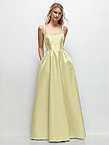 Front View Thumbnail - Butter Yellow Scoop Neck Inset Corset Satin Maxi Dress with Pockets