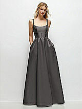 Front View Thumbnail - Caviar Gray Scoop Neck Inset Corset Satin Maxi Dress with Pockets