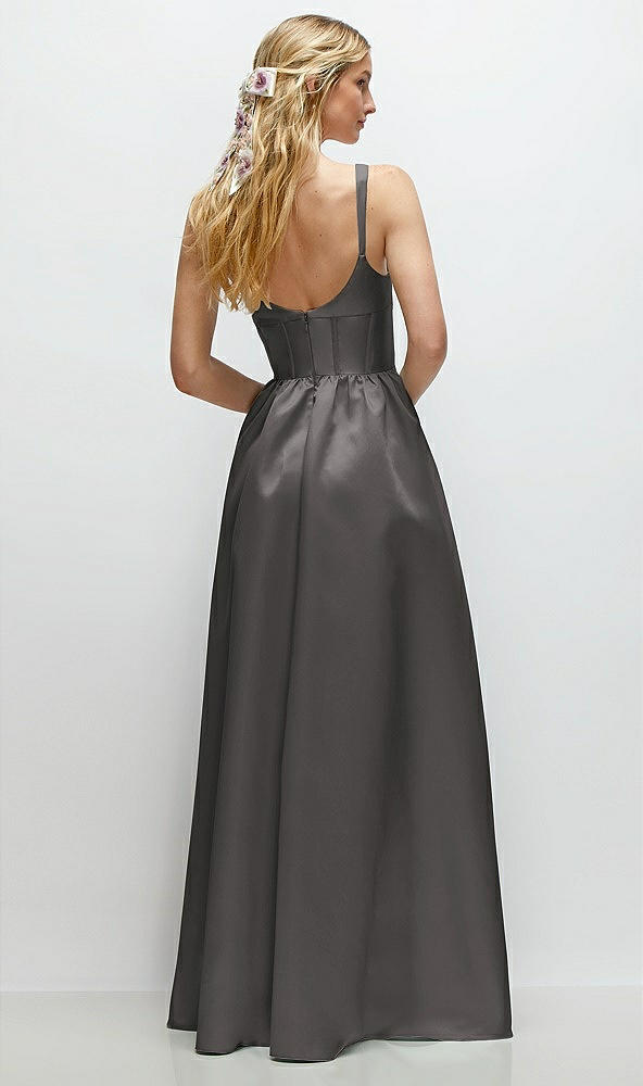 Back View - Caviar Gray Scoop Neck Inset Corset Satin Maxi Dress with Pockets