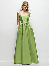 Front View Thumbnail - Mojito Scoop Neck Inset Corset Satin Maxi Dress with Pockets