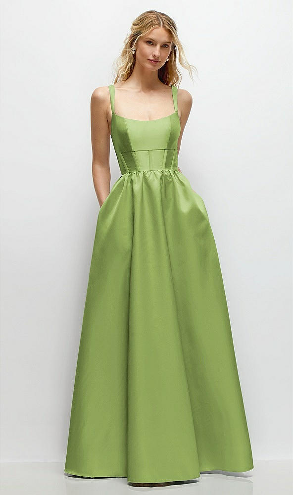 Front View - Mojito Scoop Neck Inset Corset Satin Maxi Dress with Pockets